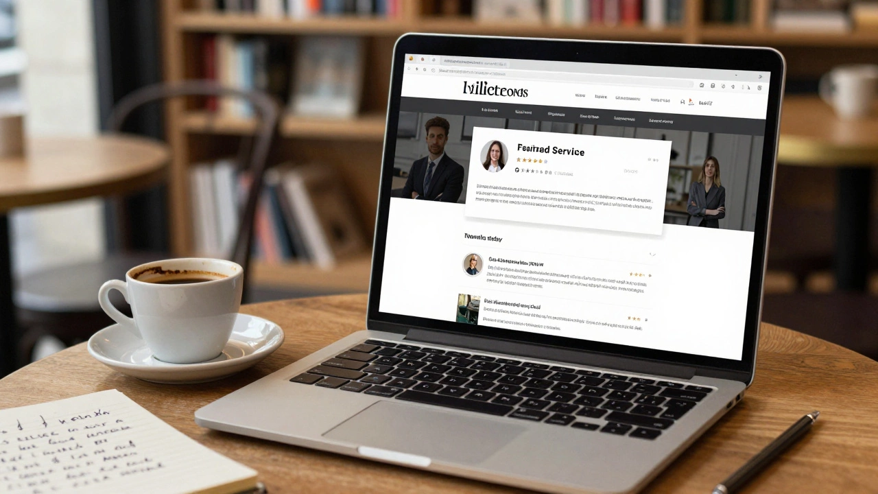 A laptop showing a professional escort website with reviews, beside an espresso cup and French notebook in a Paris café.