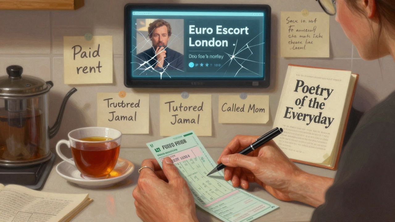A woman&#039;s hands rest on a kitchen table with a pay stub, tea, and a book, while a fading online ad for escort services cracks behind her.