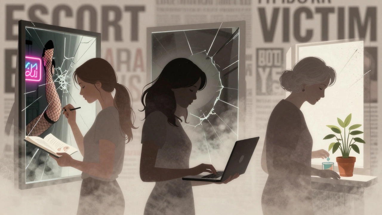 Three women of different ages stand before shattered mirrors reflecting media stereotypes, while their real lives unfold in quiet detail.